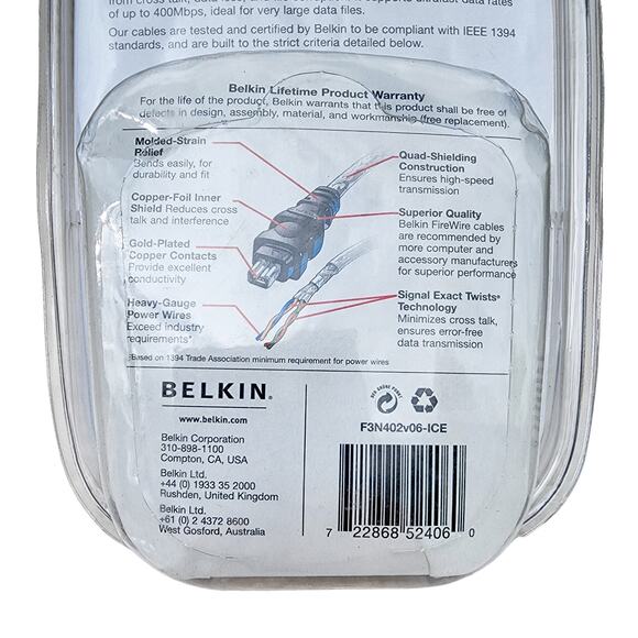 Belkin 4-pin to 4-pin Cable 6 feet Connect Firewire Device to Computer - Picture 6 of 7